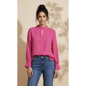 LAFAYETTE 148 NEW YORK Women’s Silk Mock Neck Keyhole Blouse in Pink-Large